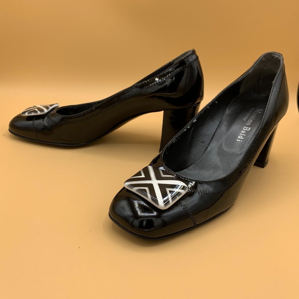 Black Patent Italian Leather Square Heel Patent shoes Black and White Accent